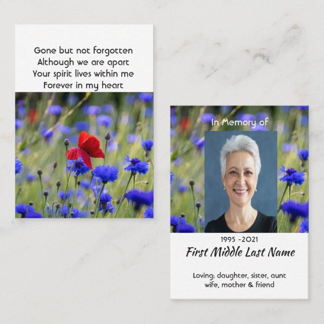 Poppy Cornflower Meadow  Memorial Pocket Keepsake Business Card (Front/Back)
