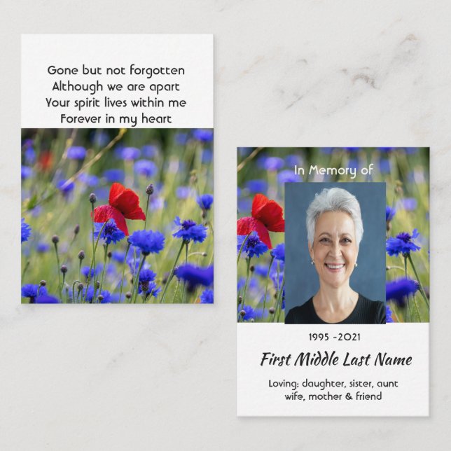 Poppy Cornflower Meadow  Memorial Pocket Keepsake Business Card (Front/Back)