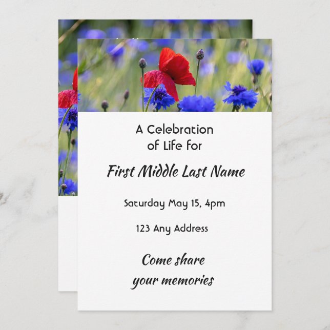 Poppy Cornflower Meadow  Memorial Pocket Keepsake Invitation (Front/Back)