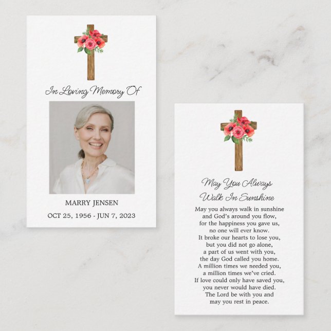 Poppy Cross Memorial Photo Funeral Prayer Card (Front/Back)