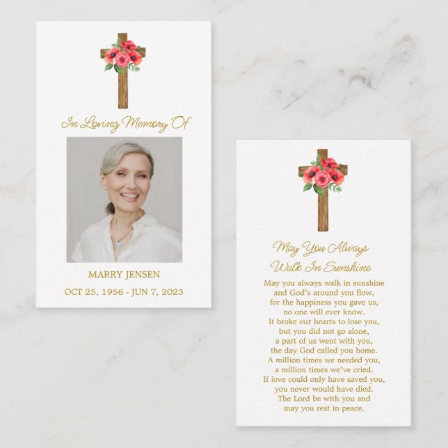 Poppy Cross Memorial Photo Funeral Prayer Card (Front/Back)