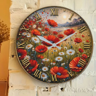 Poppy Daisy Wildflower Meadow Scenic Landscape  Large Clock
