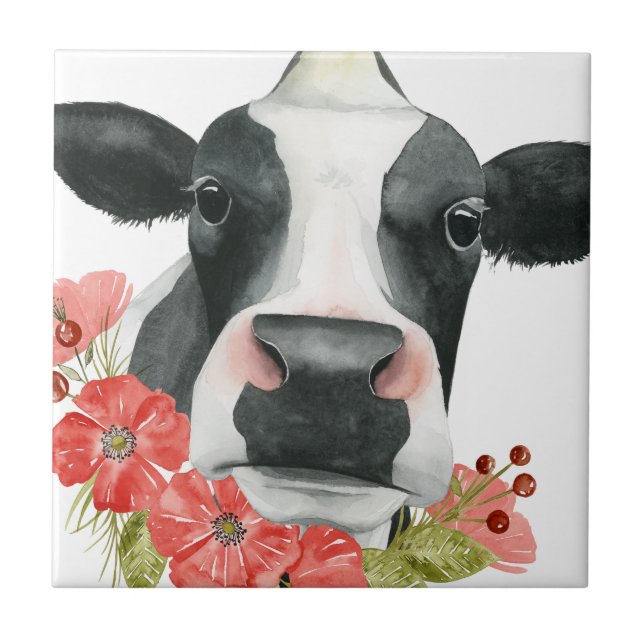 Poppy Farm - Cow with Flowers Ceramic Tile (Front)
