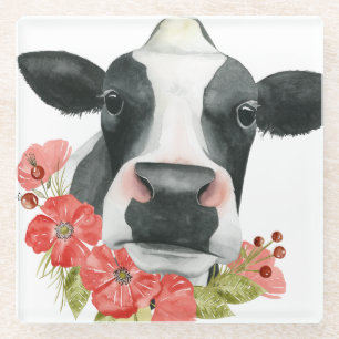 Poppy Farm - Cow with Flowers Glass Coaster