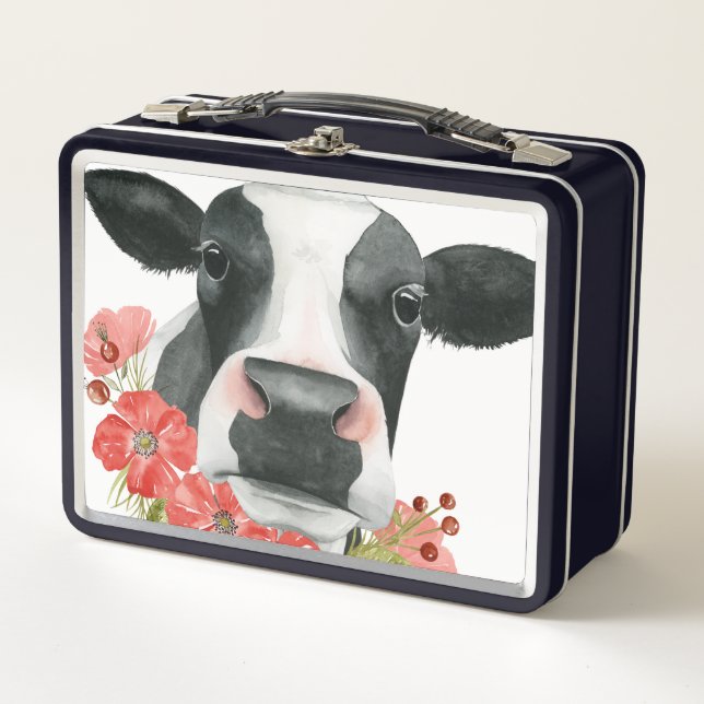 Poppy Farm - Cow with Flowers Metal Lunch Box (Front)