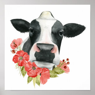 Poppy Farm - Cow with Flowers Poster