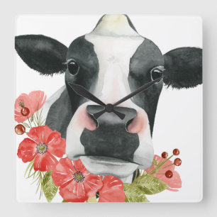 Poppy Farm - Cow with Flowers Square Wall Clock