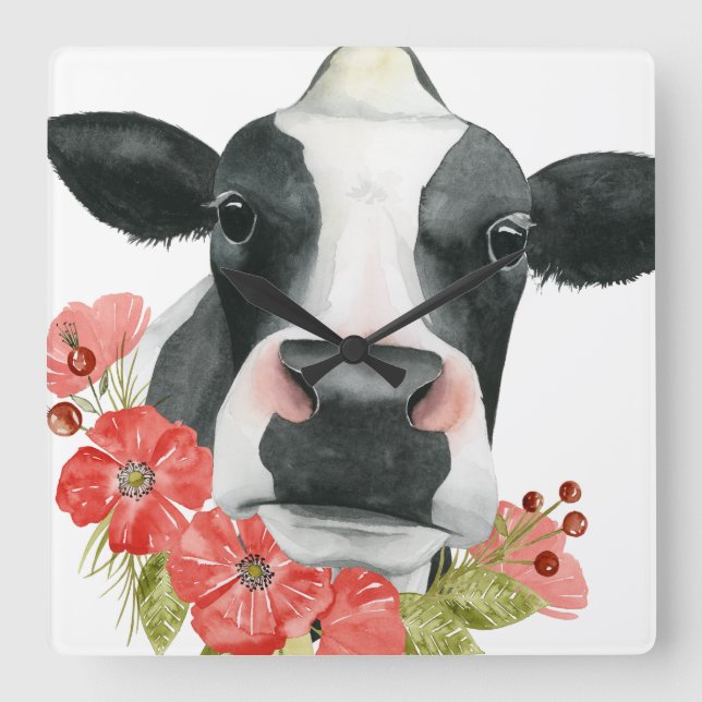 Poppy Farm - Cow with Flowers Square Wall Clock (Front)