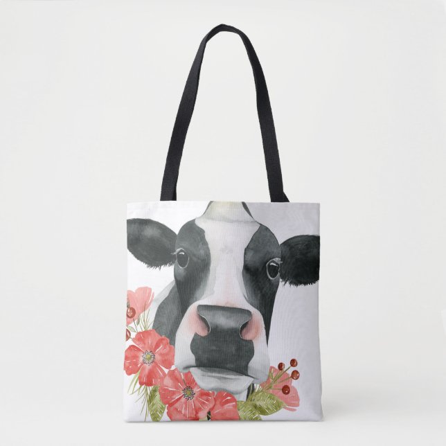 Poppy Farm - Cow with Flowers Tote Bag (Front)
