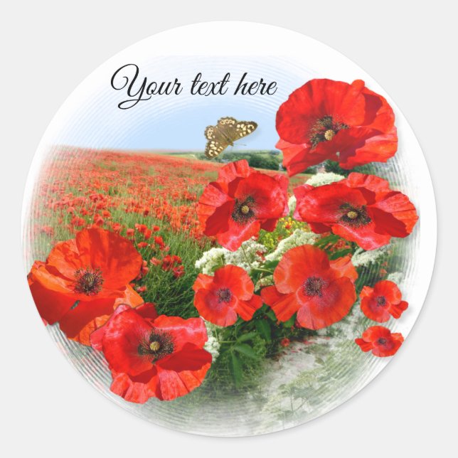 POPPY FIELD Add your text Classic Round Sticker (Front)