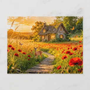 Poppy Field Cottage with Wooden Path Postcard