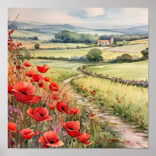Poppy Field In A Country Landscape Poster (Front)