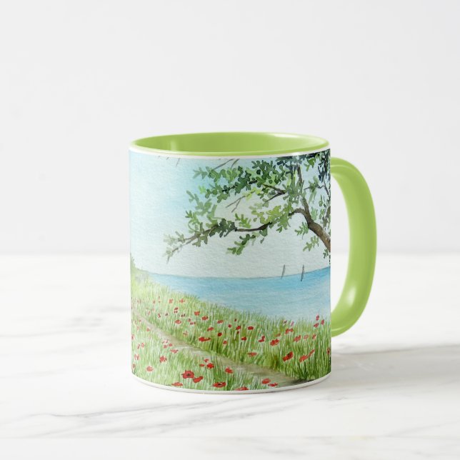 Poppy Field Landscape Watercolor Painting Mug (Front Right)