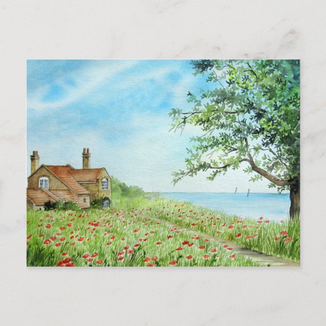 Poppy Field Landscape Watercolor Painting Postcard (Front)