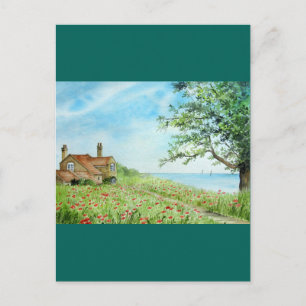 Poppy Field Landscape Watercolor Painting Postcard