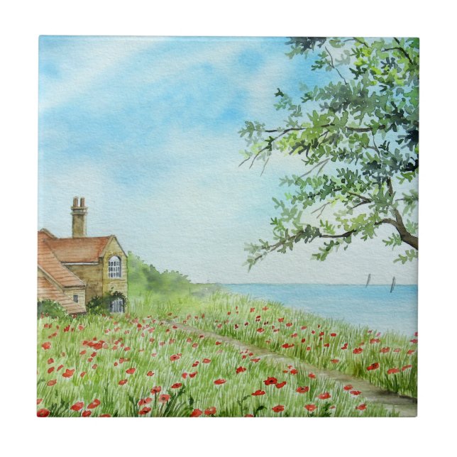 Poppy Field Landscape Watercolor Painting Tile (Front)