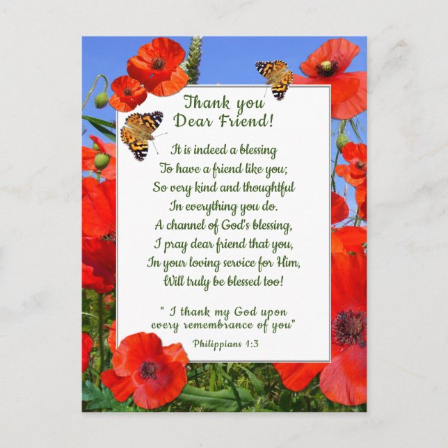 Poppy Field Thank You Christian Friend Postcard (Front)