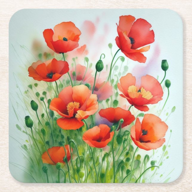 Poppy field, watercolor - square paper coaster (Front)