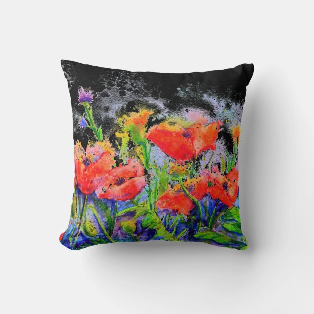 Poppy Fields -watercolor floral Cushion (Front)