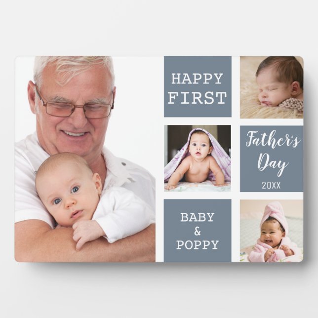  Poppy First Father's Day 4 Photo Collage Grey   Plaque (Front)