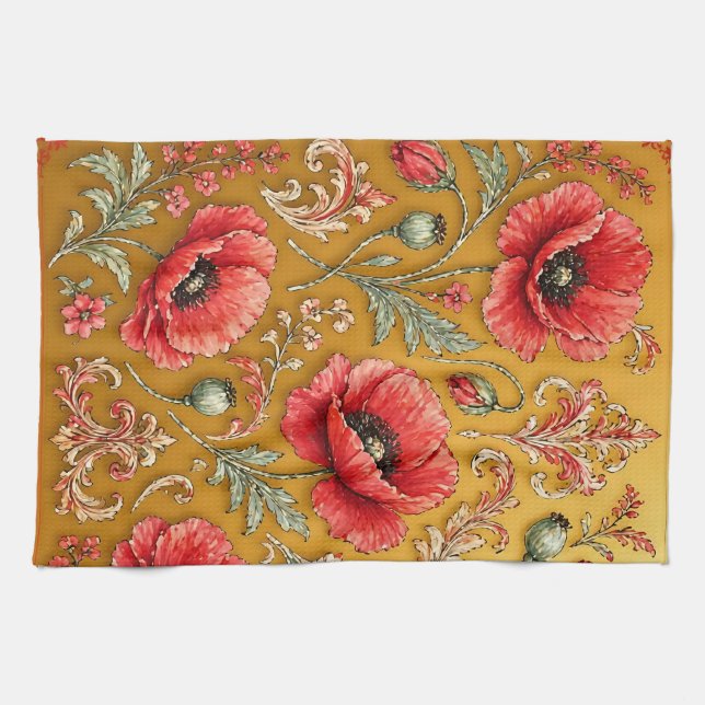 Poppy fleur golden design tea towel (Horizontal)