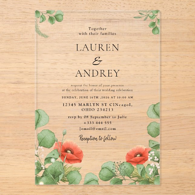 Poppy Floral Acrylic Wedding Invitation (Front)