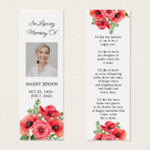 Poppy Floral Photo Funeral Memorial Bookmark