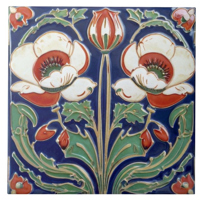 Poppy Flower Art Deco Nouveau European Folk Art Ceramic Tile (Front)