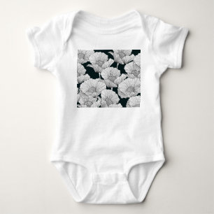 Poppy Flower, Black White Line. Baby Bodysuit