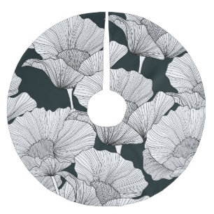 Poppy Flower, Black White Line. Brushed Polyester Tree Skirt