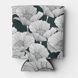 Poppy Flower, Black White Line. Can Cooler