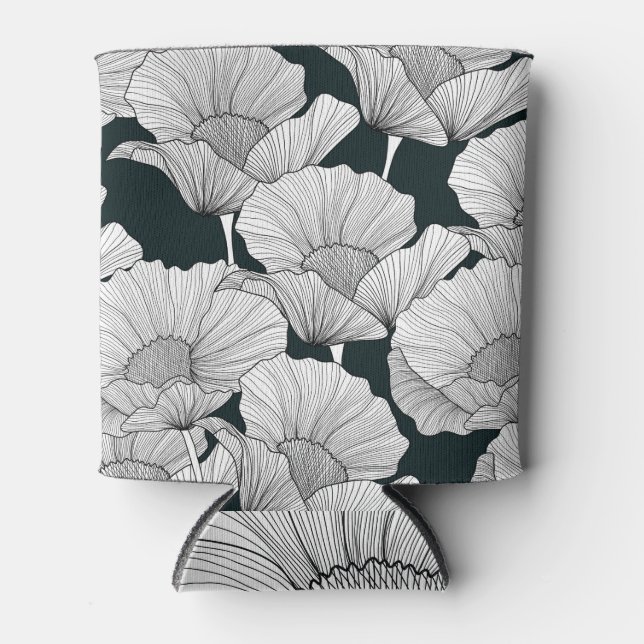 Poppy Flower, Black White Line. Can Cooler (Front)