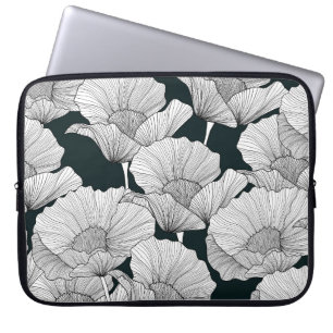 Poppy Flower, Black White Line. Laptop Sleeve