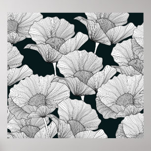 Poppy Flower, Black White Line. Poster