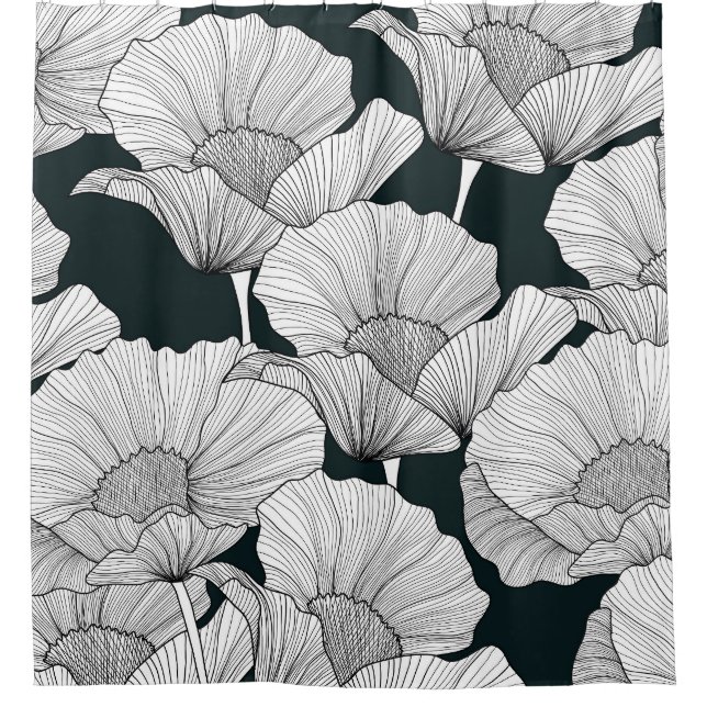Poppy Flower, Black White Line. Shower Curtain (Front)
