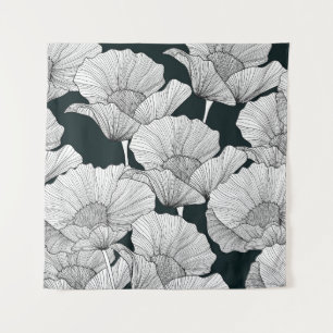 Poppy Flower, Black White Line. Tapestry