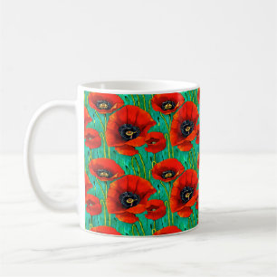 Poppy flower blooms red green seamless summer coffee mug