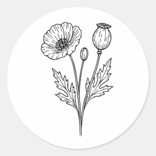 Poppy Flower Botanical Bloom Line Art Classic Round Sticker