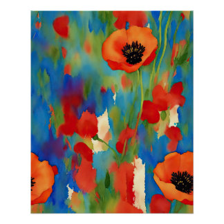 Poppy Flower Field Watercolor Abstract Poster