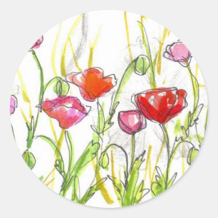 Poppy Flower Fields Summer Wildflower Painting Classic Round Sticker