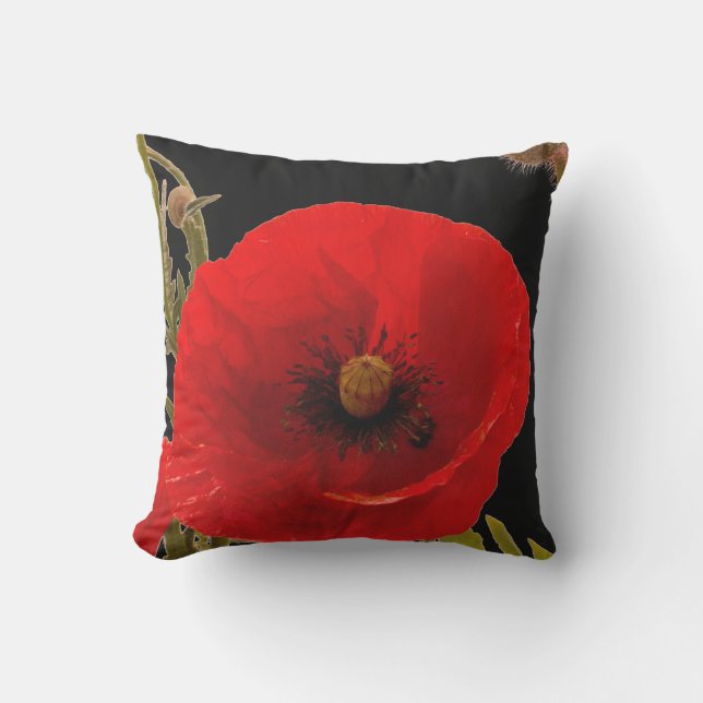 Poppy Flower Floral Abstract Art Garden Red Black Cushion (Front)