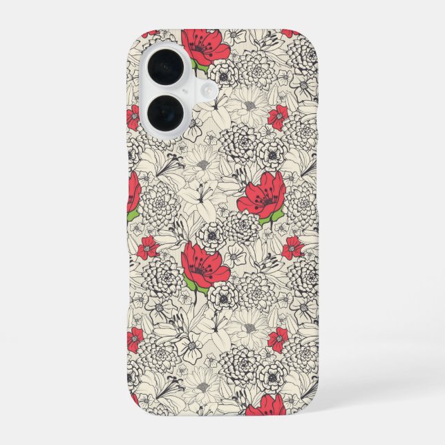 Poppy Flower Garden Pattern iPhone 16 Case (Back)