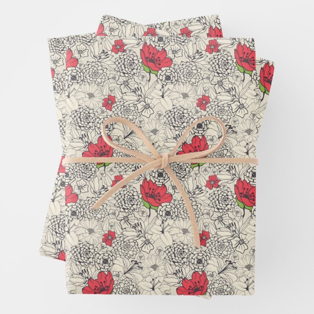 Poppy Flower Garden Pattern Wrapping Paper Sheet (In situ)