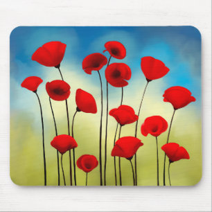 Poppy flower illustration, green field, blue sky mouse pad