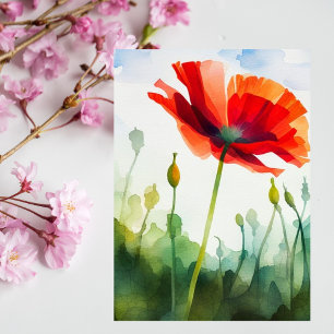 Poppy flower, meadow, watercolor art, flower postcard