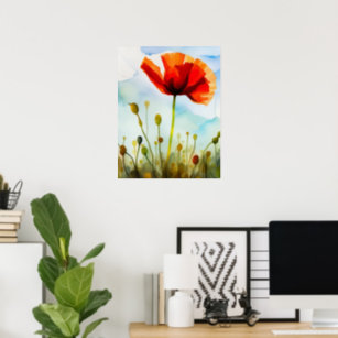 Poppy flower, meadow, watercolor art, flower poster