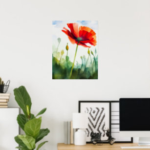 Poppy flower, meadow, watercolor art, flower poster