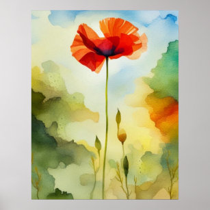Poppy flower, meadow, watercolor art, flower,  poster