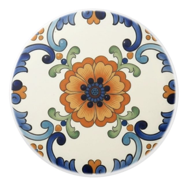 Poppy Flower Mediterranean Blue Orange Cream Ceramic Knob (Front)