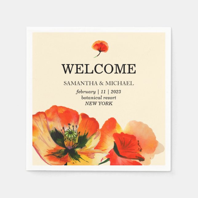 Poppy Flower Red Beige Classic Wedding Napkin (Front)